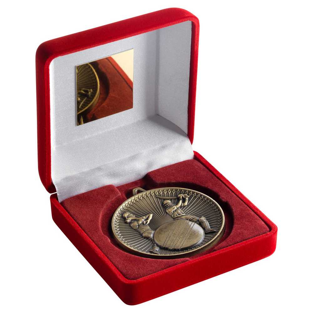 RED VELVET BOX AND 60mm MEDAL CRICKET TROPHY ANTIQUE GOLD - 4in - Optimum Teamwear