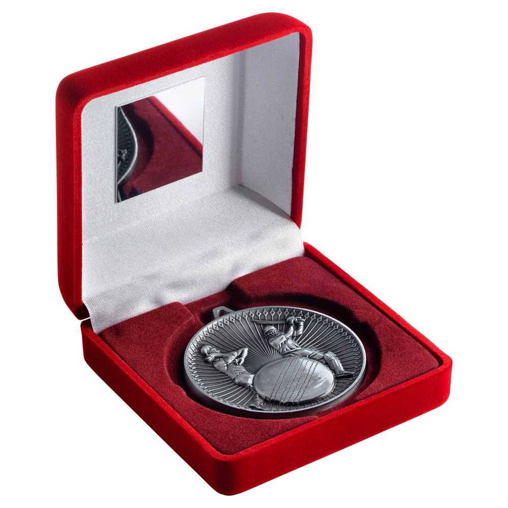RED VELVET BOX AND 60mm MEDAL CRICKET TROPHY ANTIQUE SILVER - 4in - Optimum Teamwear