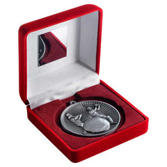 RED VELVET BOX AND 60mm MEDAL CRICKET TROPHY ANTIQUE SILVER - 4in - Optimum Teamwear