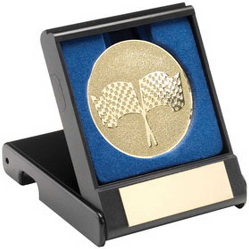 BLACK PLASTIC BOX WITH CROSSED FLAGS INSERT GOLD - 3.5in - Optimum Teamwear