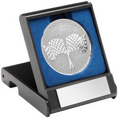 BLACK PLASTIC BOX WITH CROSSED FLAGS INSERT SILVER - 3.5in - Optimum Teamwear