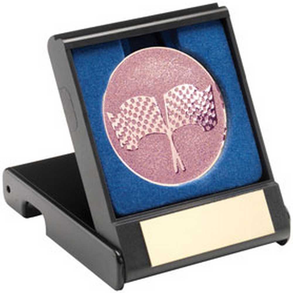 BLACK PLASTIC BOX WITH CROSSED FLAGS INSERT BRONZE - 3.5in - Optimum Teamwear