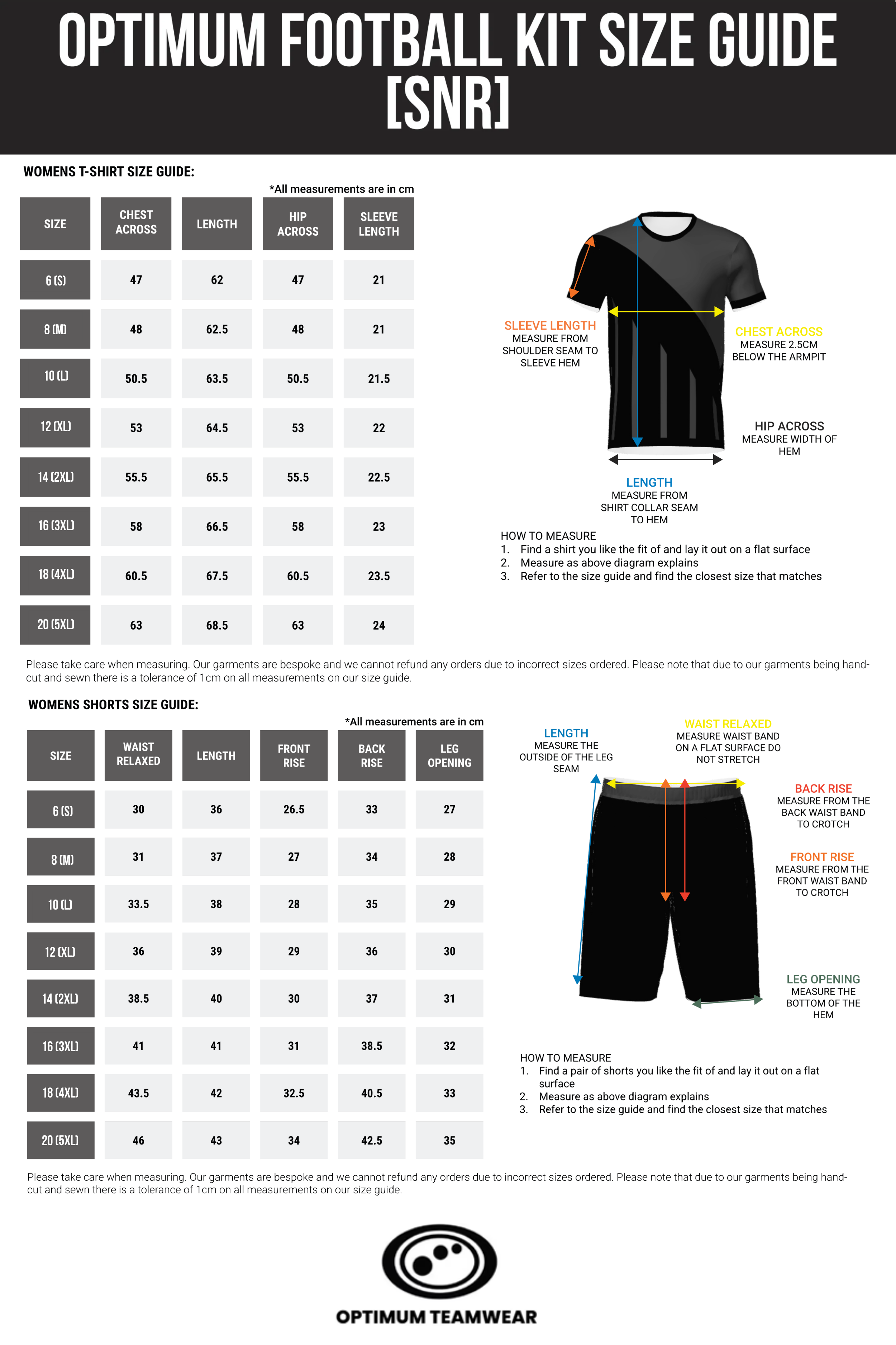 Optimum Football Kit Size Guide for women's t-shirt and shorts with measurements and brand logo.