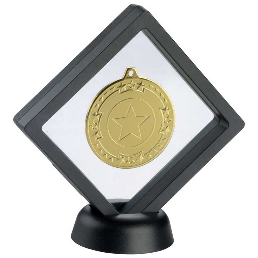 BLACK/CLEAR PLASTIC MEDAL BOX WITH STAND (FOR 50mm MEDAL) - 5in - Optimum Teamwear