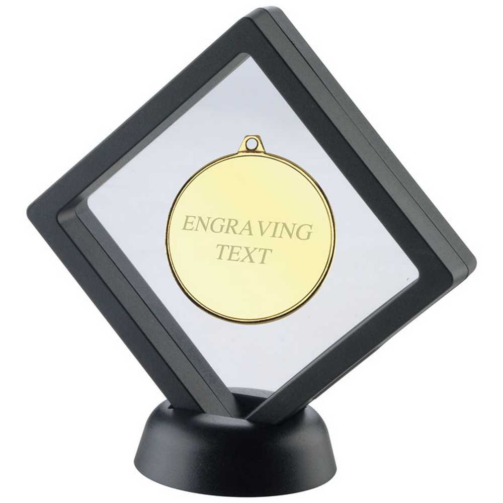 BLACK/CLEAR PLASTIC MEDAL BOX WITH STAND (FOR 50mm MEDAL) - 5in - Optimum Teamwear