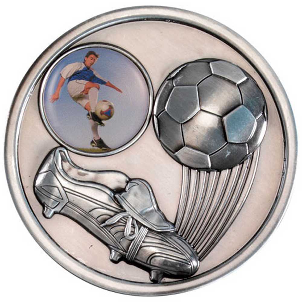FOOTBALL AND BOOT MEDALLION (1in CENTRE) ANTIQUE SILVER - 2.75in - Optimum Teamwear