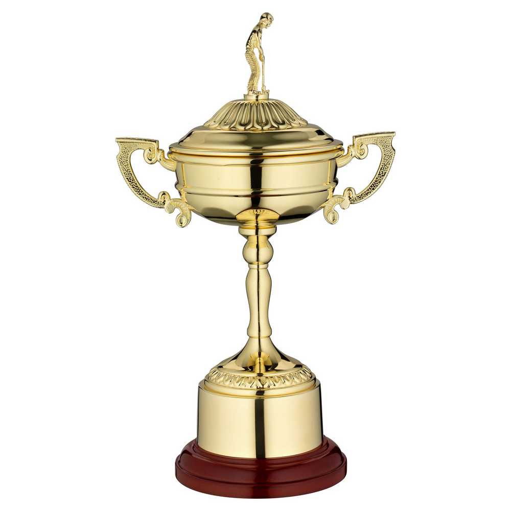 GOLD FINISH RYDER CUP ON ROUND BASE WITH PLINTH - 12in - Optimum Teamwear