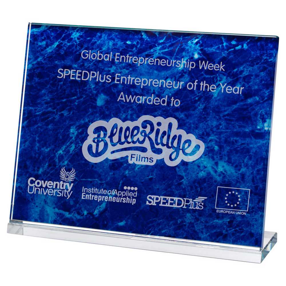 BLUE MARBLE BACKED CLEAR GLASS LANDSCAPE PLAQUE - 7.5 x 9.5in - Optimum Teamwear