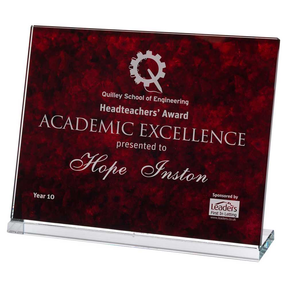RED MARBLE BACKED CLEAR GLASS LANDSCAPE PLAQUE - 7.5 x 9.5in - Optimum Teamwear