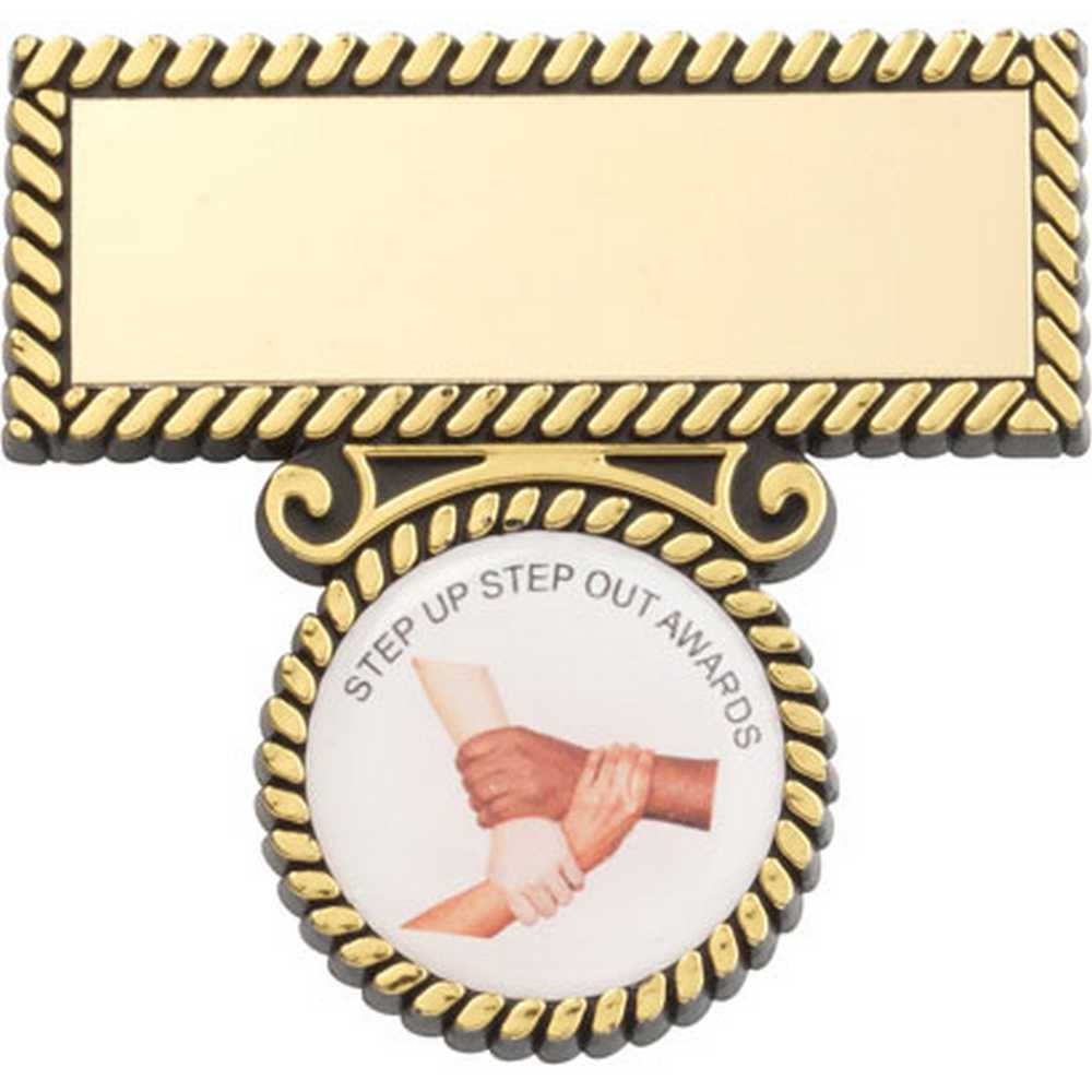 BLACK/GOLD PLASTIC BADGE AND BAR (1in CENTRE) - 2in