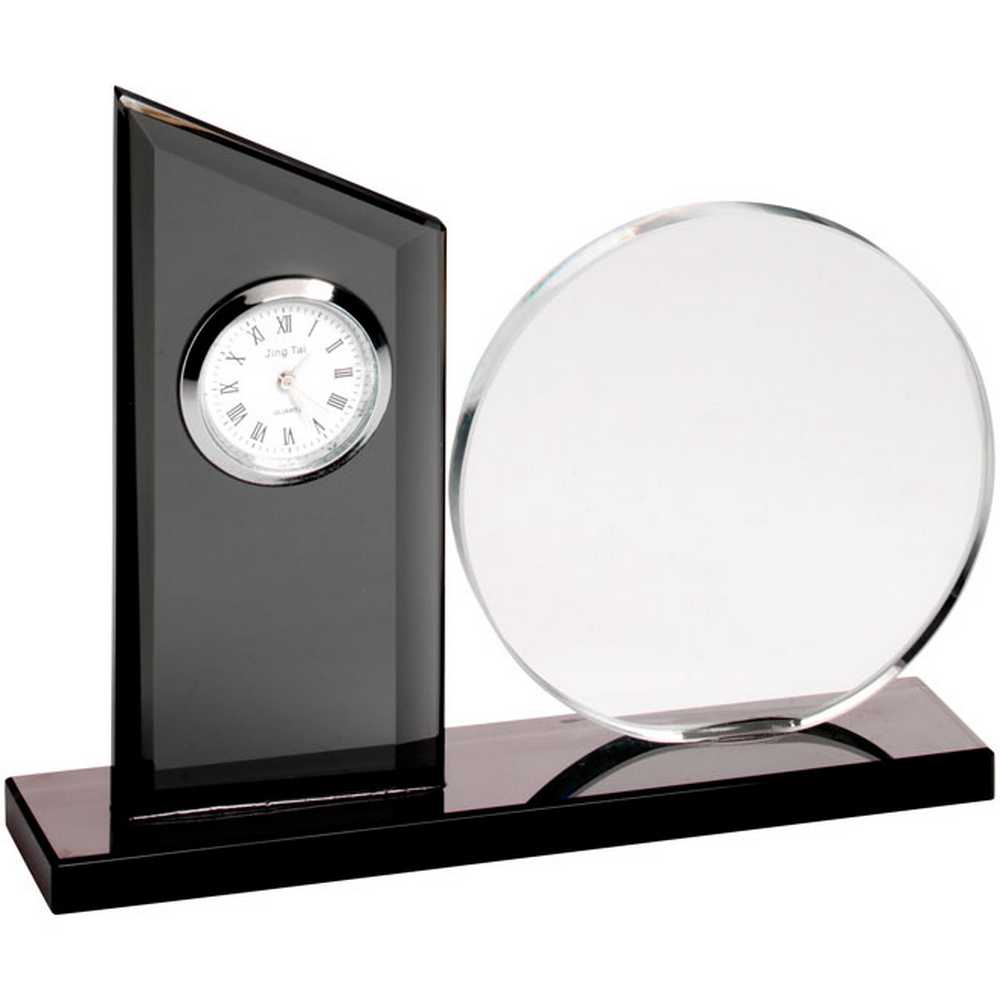 CLEAR/BLACK GLASS CLOCK AND ROUND PLAQUE - 5.25in