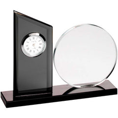 CLEAR/BLACK GLASS CLOCK AND ROUND PLAQUE - 5.25in