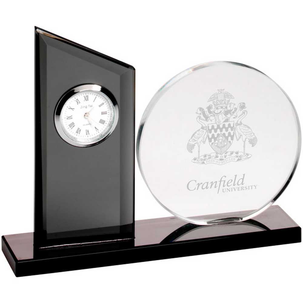 CLEAR/BLACK GLASS CLOCK AND ROUND PLAQUE - 5.25in