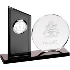 CLEAR/BLACK GLASS CLOCK AND ROUND PLAQUE - 5.25in