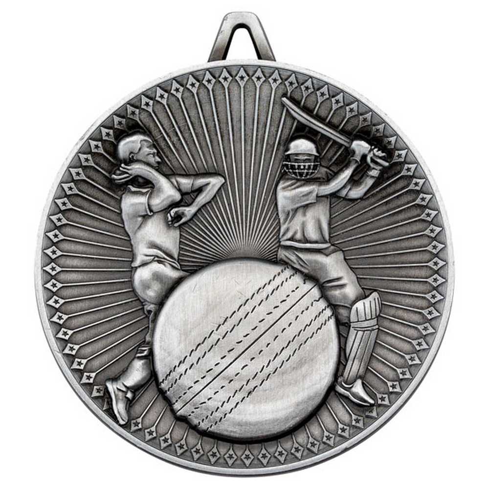 CRICKET DELUXE MEDAL ANTIQUE SILVER - 2.35in - Optimum Teamwear