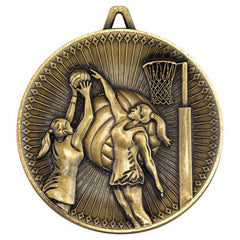 NETBALL DELUXE MEDAL ANTIQUE GOLD - 2.35in