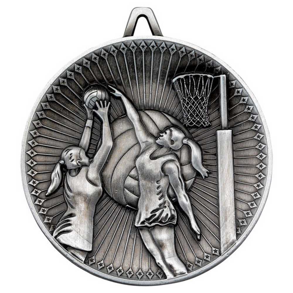 NETBALL DELUXE MEDAL ANTIQUE SILVER - 2.35in - Optimum Teamwear