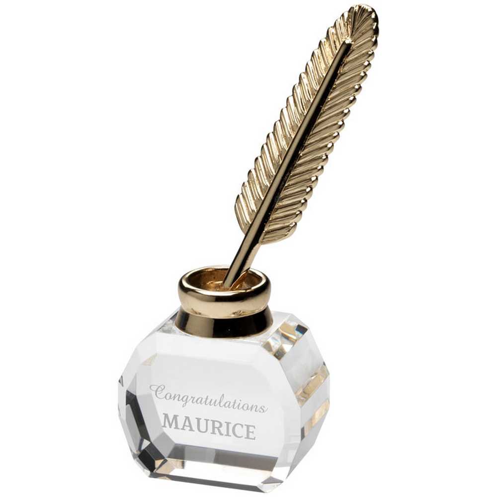 CLEAR GLASS INKWELL WITH METAL FEATHER QUILL - 5in