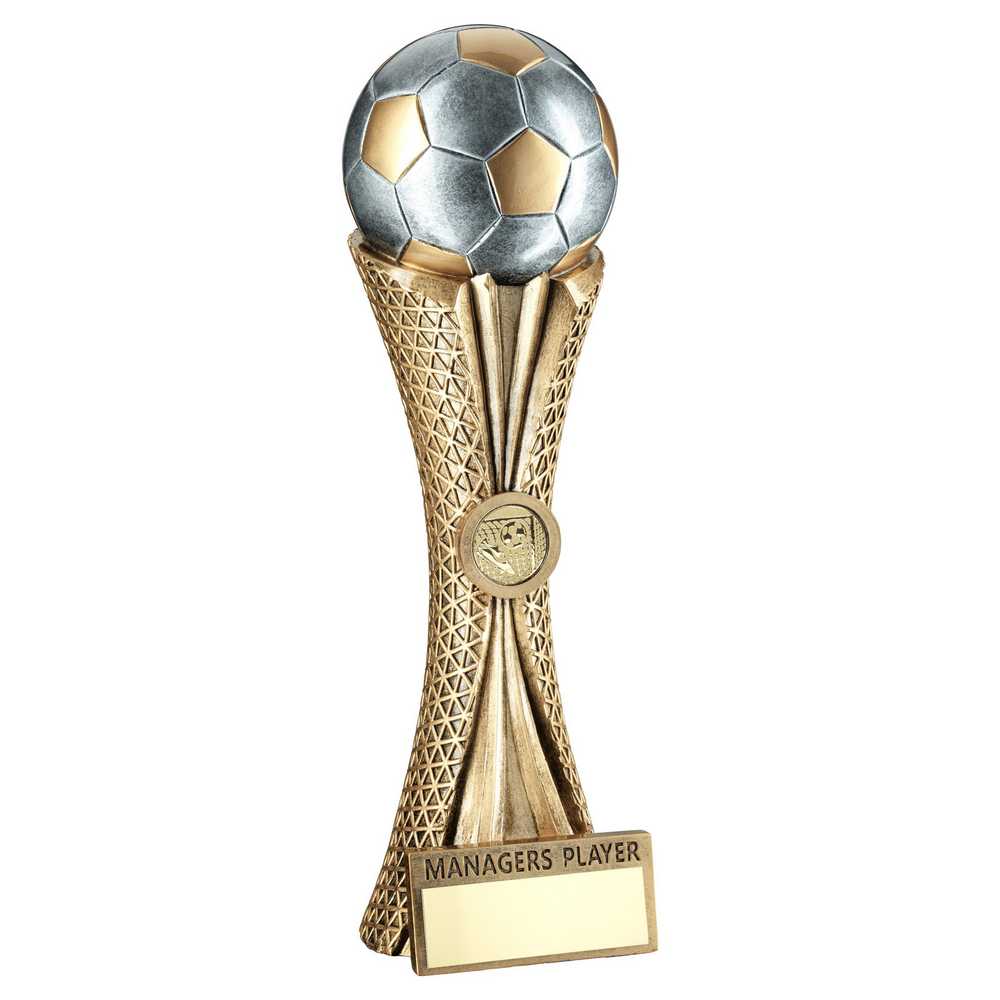 BZ/PW/G FOOTBALL ON TRI-MESH COLUMN WITH PLATE (1in CEN) MANAGERS PLAYER - 12in