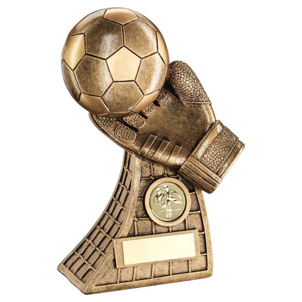 BRZ/GOLD FOOTBALL AND GOALKEEPER GLOVE ON NET BASE WITH PLATE (1in CEN) - 7.25in