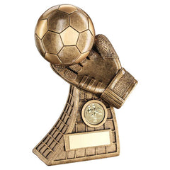 BRZ/GOLD FOOTBALL AND GOALKEEPER GLOVE ON NET BASE WITH PLATE (1in CEN) - 7.25in