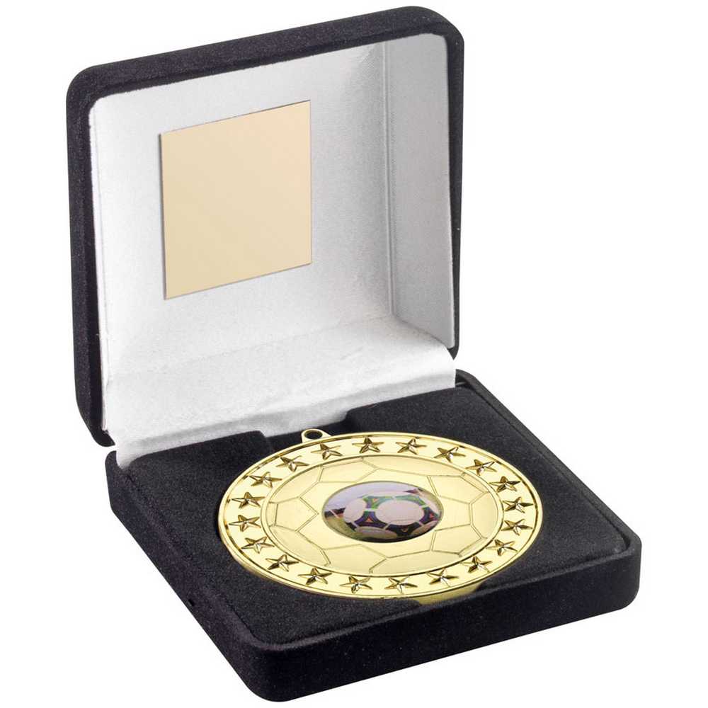 BLACK VELVET BOX AND 70mm FOOTBALL MEDAL TROPHY (1in CENTRE) GOLD - 4in
