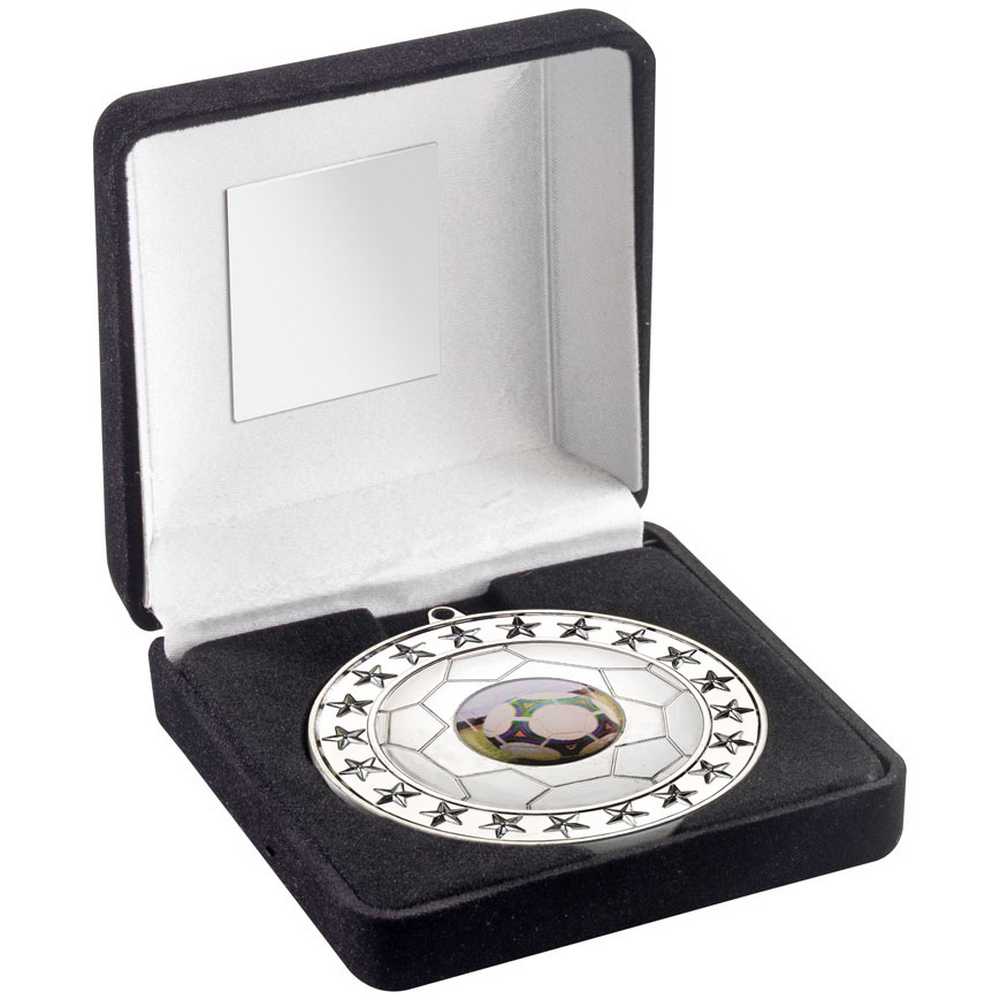 BLACK VELVET BOX AND 70mm FOOTBALL MEDAL TROPHY (1in CENTRE) SILVER - 4in