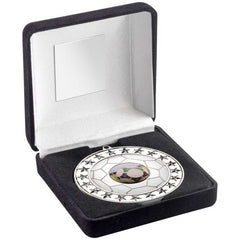 BLACK VELVET BOX AND 70mm FOOTBALL MEDAL TROPHY (1in CENTRE) SILVER - 4in