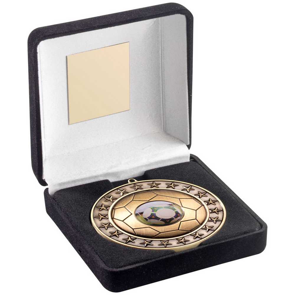 BLACK VELVET BOX AND 70mm FOOTBALL MEDAL TROPHY (1in CENTRE) ANT GOLD - 4in