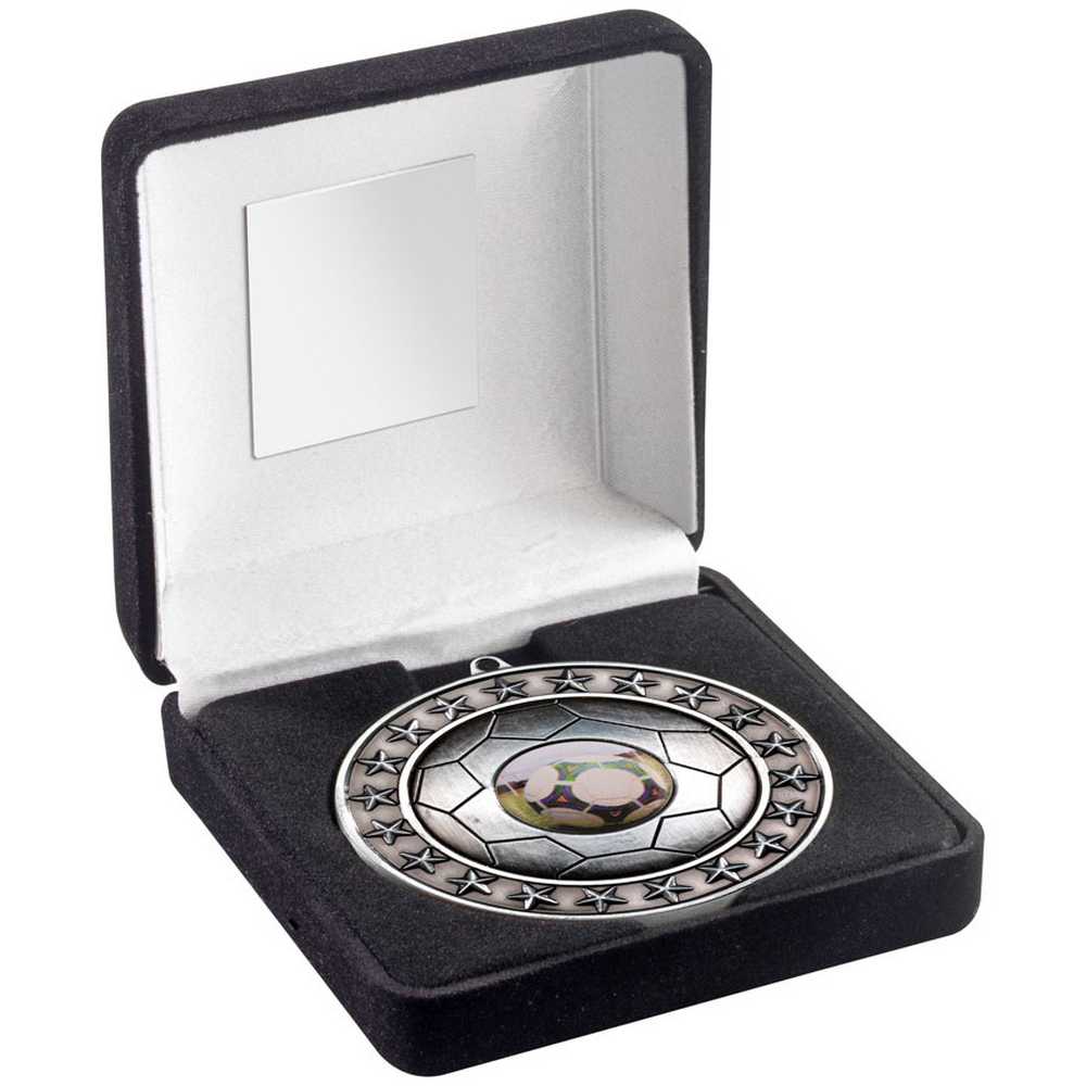 BLACK VELVET BOX AND 70mm FOOTBALL MEDAL TROPHY (1in CENTRE) ANT SILVER - 4in