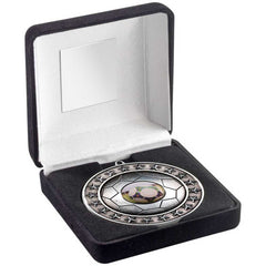 BLACK VELVET BOX AND 70mm FOOTBALL MEDAL TROPHY (1in CENTRE) ANT SILVER - 4in