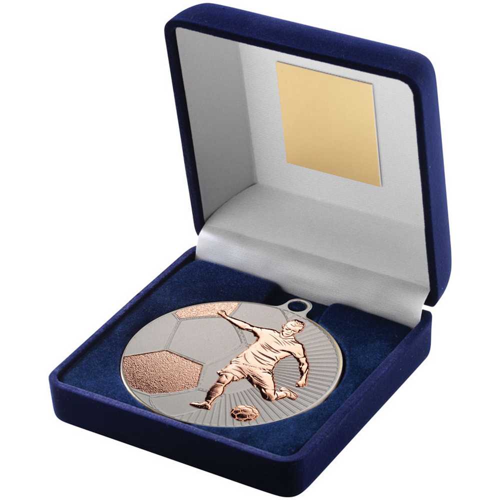 BLUE VELVET BOX AND 70mm FOOTBALL MEDAL TROPHY MATT SILVER/BRONZE - 4in