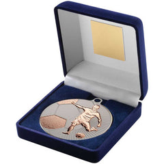 BLUE VELVET BOX AND 70mm FOOTBALL MEDAL TROPHY MATT SILVER/BRONZE - 4in