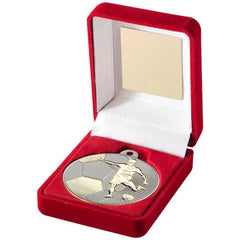 RED VELVET BOX AND 50mm FOOTBALL MEDAL TROPHY MATT SILVER/GOLD - 3.5in