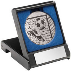 BLACK PLASTIC BOX WITH FOOTBALL INSERT TROPHY SILVER - 3.5in
