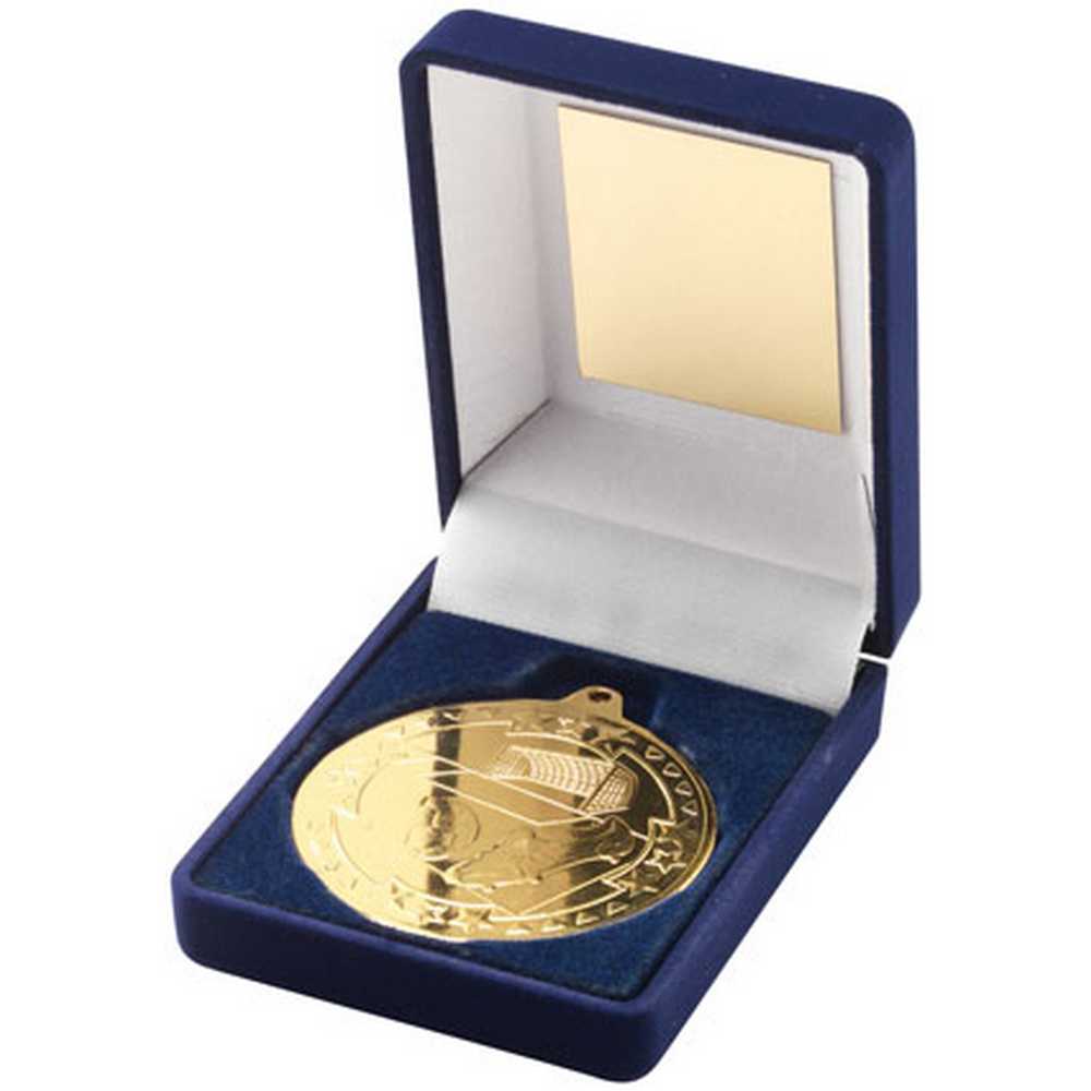 BLUE VELVET BOX AND 50mm MEDAL FOOTBALL TROPHY GOLD - 3.5in