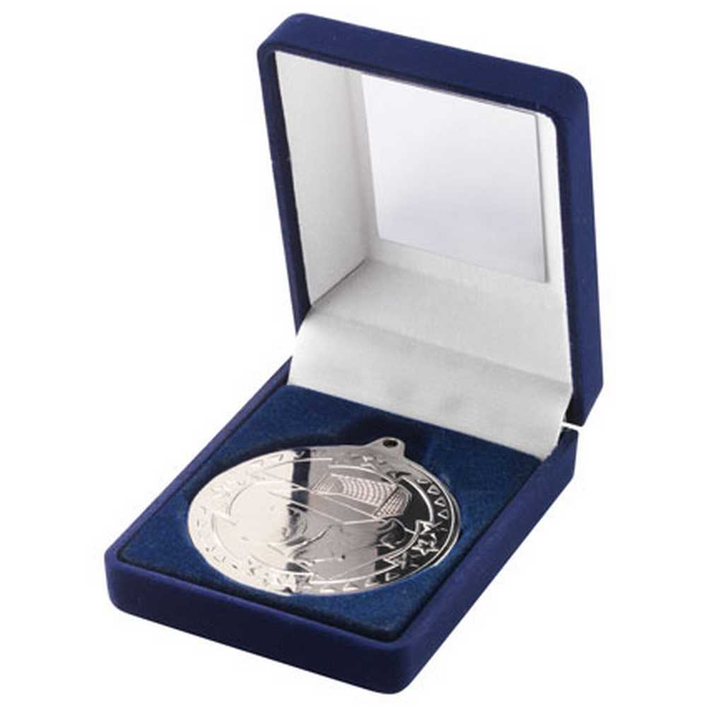 BLUE VELVET BOX AND 50mm MEDAL FOOTBALL TROPHY SILVER - 3.5in
