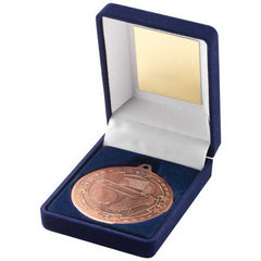 BLUE VELVET BOX AND 50mm MEDAL FOOTBALL TROPHY BRONZE - 3.5in
