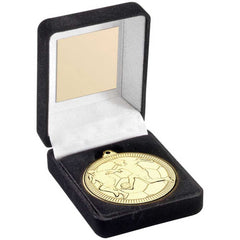 BLACK VELVET BOX AND 50mm MEDAL FOOTBALL TROPHY GOLD - 3.5in