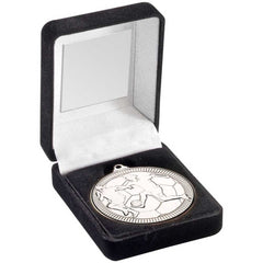 BLACK VELVET BOX AND 50mm MEDAL FOOTBALL TROPHY SILVER - 3.5in