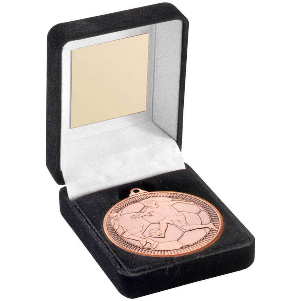 BLACK VELVET BOX AND 50mm MEDAL FOOTBALL TROPHY BRONZE - 3.5in