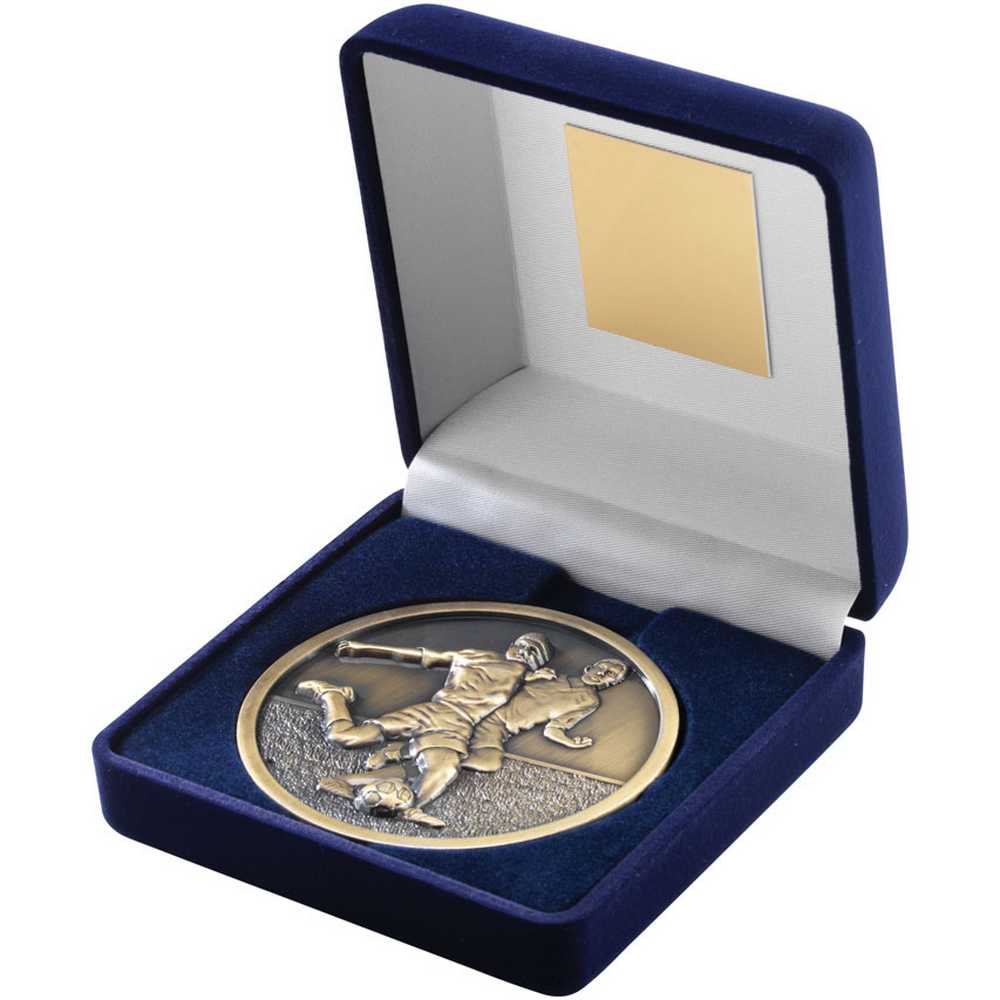 BLUE VELVET BOX AND 70mm MEDALLION FOOTBALL TROPHY ANTIQUE GOLD - 4in