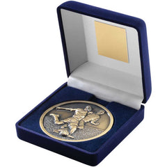 BLUE VELVET BOX AND 70mm MEDALLION FOOTBALL TROPHY ANTIQUE GOLD - 4in