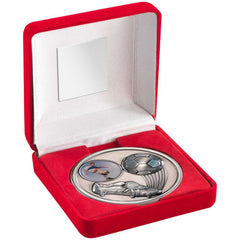 RED VELVET BOX AND 70mm MEDALLION FOOTBALL TROPHY (1" CEN) ANTIQUE SILV - 4in