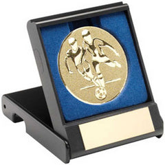 BLACK PLASTIC BOX WITH FOOTBALL PLAYERS INSERT GOLD - 3.5in