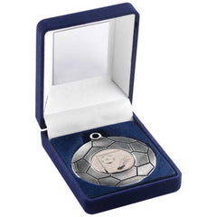 BLUE VELVET BOX AND 50mm FOOTBALL MEDAL TROPHY ANTIQUE SILVER (1in CEN) - 3.5in