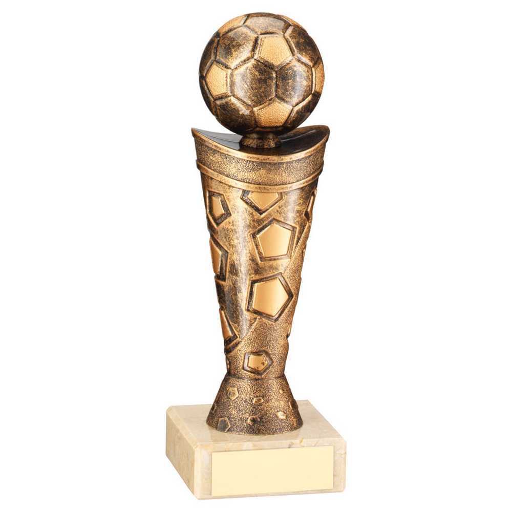 BRONZE/GOLD PLASTIC FOOTBALL FIGURE ON CREAM MARBLE TROPHY - 6.75in