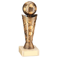 BRONZE/GOLD PLASTIC FOOTBALL FIGURE ON CREAM MARBLE TROPHY - 6.75in