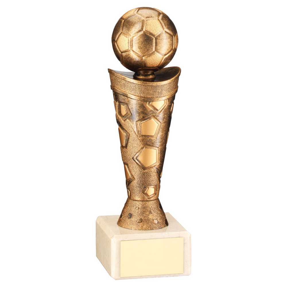 BRONZE/GOLD PLASTIC FOOTBALL FIGURE ON CREAM MARBLE TROPHY - 7.25in