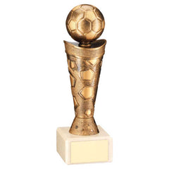 BRONZE/GOLD PLASTIC FOOTBALL FIGURE ON CREAM MARBLE TROPHY - 7.25in